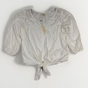 NEW White Tie Front Top Max Studio Small Cottagecore Boho Crochet Lace Gauze